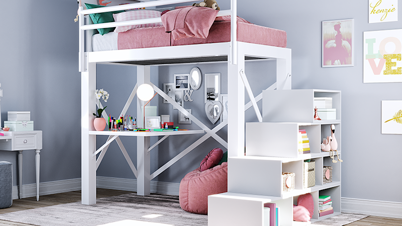 White Adult Loft Bed with a Bookshelf Headboard, attached Desk, and Storage Staircase in a teenage girl-s bedroom with pink bedding seen from the lower right-hand corner of the bed.