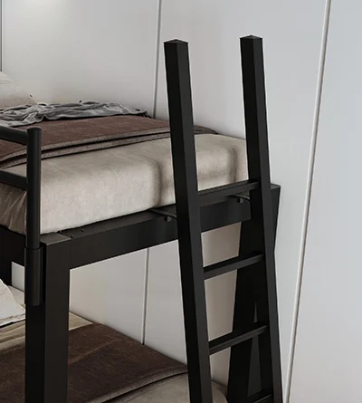 A close up shot on the metal ladder attached to a black Full Over Full Adult Bunk Bed.