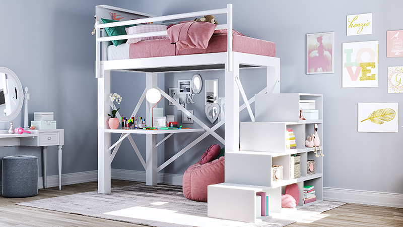 White Twin Adult Loft Bed with a staircase and attached desk in a brightly decorated teen girl's bedroom with pink bedding and a pink bean bag chair under the bed frame seen from a slight distance at the lower right-hand corner of the bed