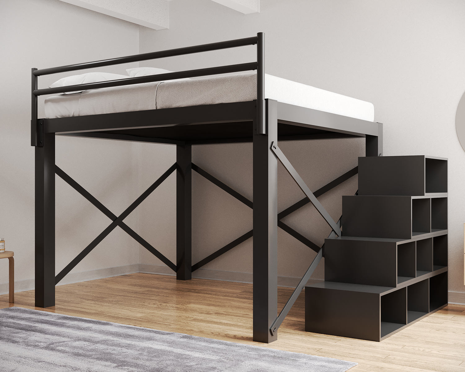 King Loft Bed Charcoal Staircase