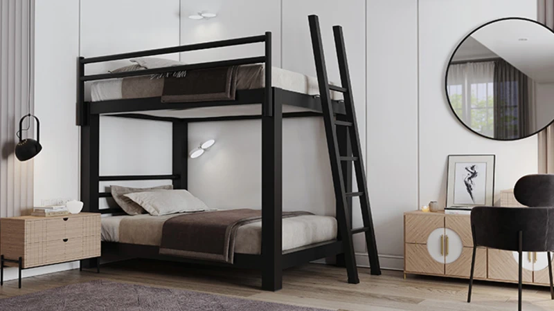 Black Adult Bunk Bed in a super upscale bedroom with brown and tan bedding seen from a distance facing the lower left-hand corner of the bed.