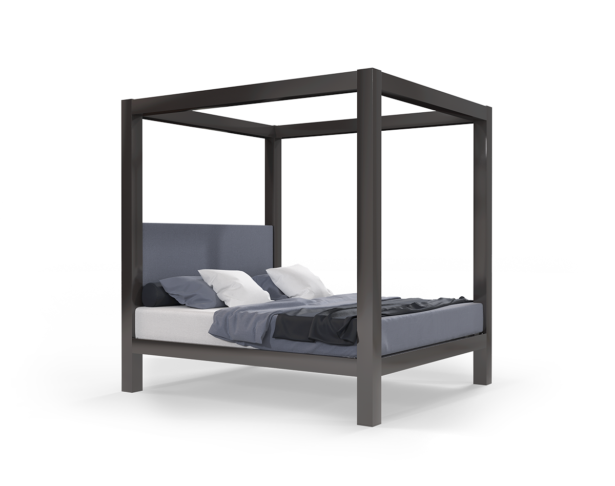 A charcoal king size metal canopy bed