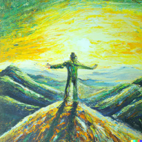 DALL·E 2023-03-17 16.15.07 - create an oil painting of someone who is n the top of a mountain embracing responsibility and ambition