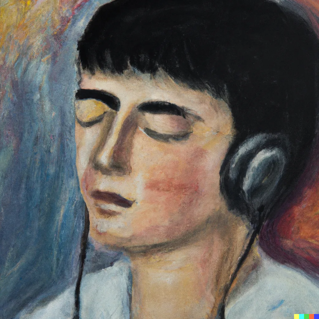 DALL·E 2023-03-17 09.14.22 - A patient listening to music with overhead earphones and closed eyes oil painting.png