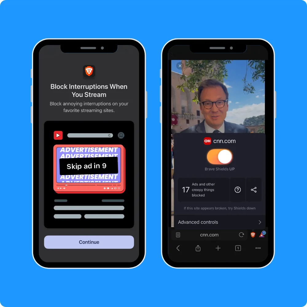Open a page in Brave and Shields is already working. 17 ads and trackers blocked on this one, no setup required. Protection is the default, not a toggle you go hunting for.