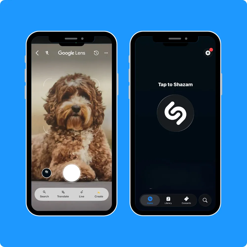 Point Lens at something and it goes to work; open Shazam and one tap starts listening. No account, no setup, just the product doing its job on the first try.