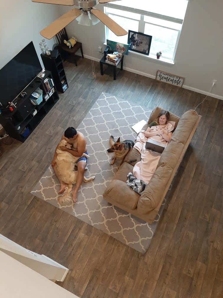 Jesse hugging dogs