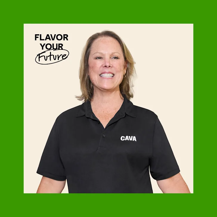 CAVA Team Member Barbara smiling at the camera with black text saying "Flavor Your Future"