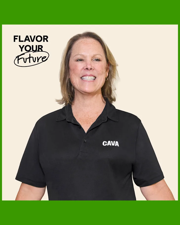 CAVA Team Member Barbara smiling at the camera with black text saying "Flavor Your Future"