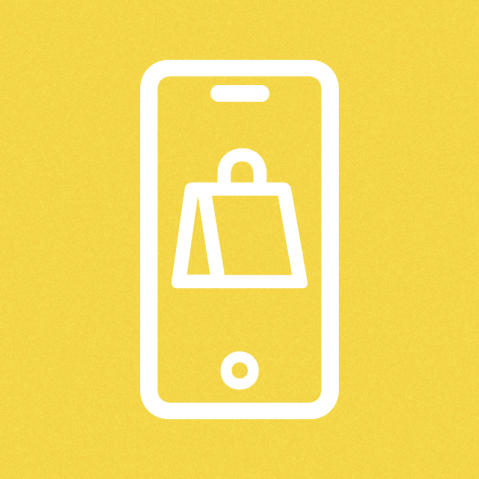 Graphic of a mobile phone with a shopping bag icon on the screen