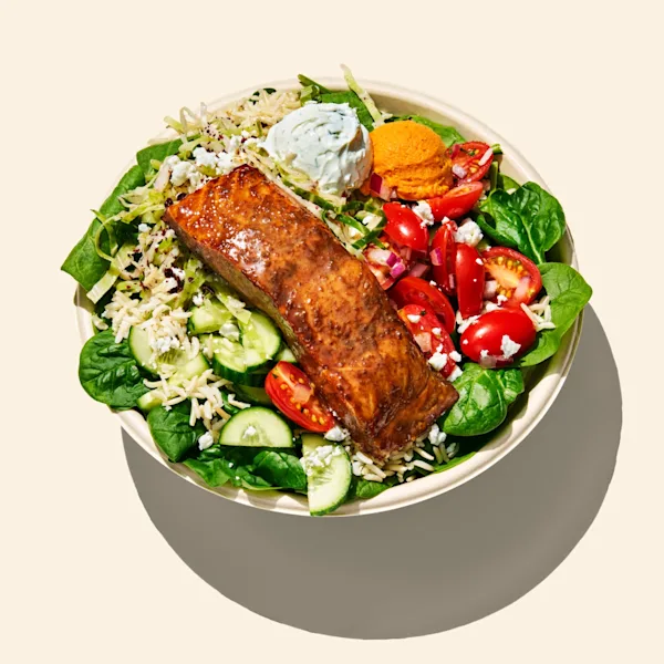 A CAVA Salmon and Strawberry Sesame bowl