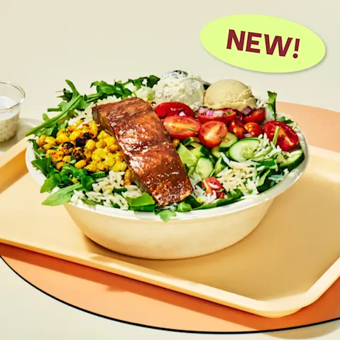 Salmon + YogurtDill bowl with a "New" badge 