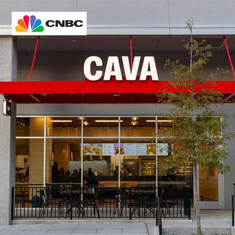 CNBC Logo on photo of exterior of a new CAVA restaurant