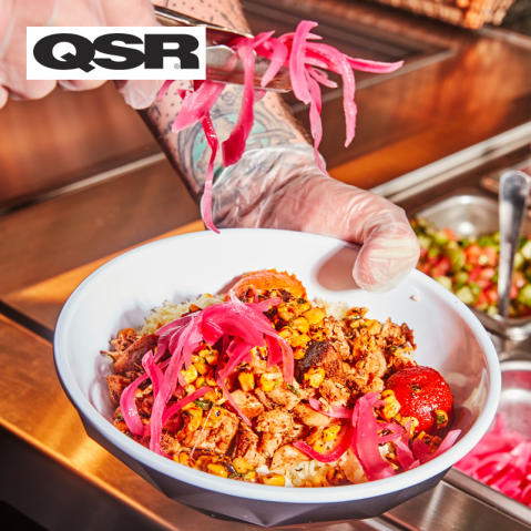 QSR logo on a photo of a CAVA employee scooping pickled onions onto a bowl