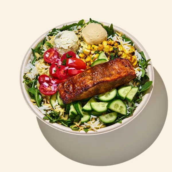 A CAVA Salmon and Yogurt Dill bowl