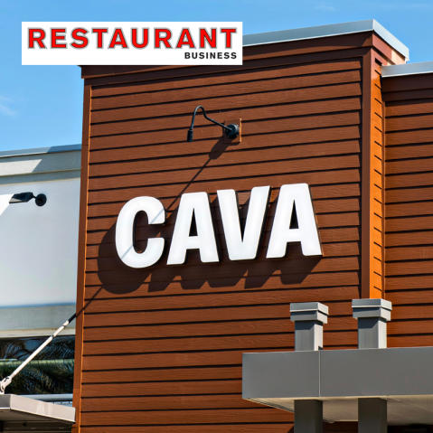 Restaurant Business logo on a photo of the exterior of a CAVA restaurant