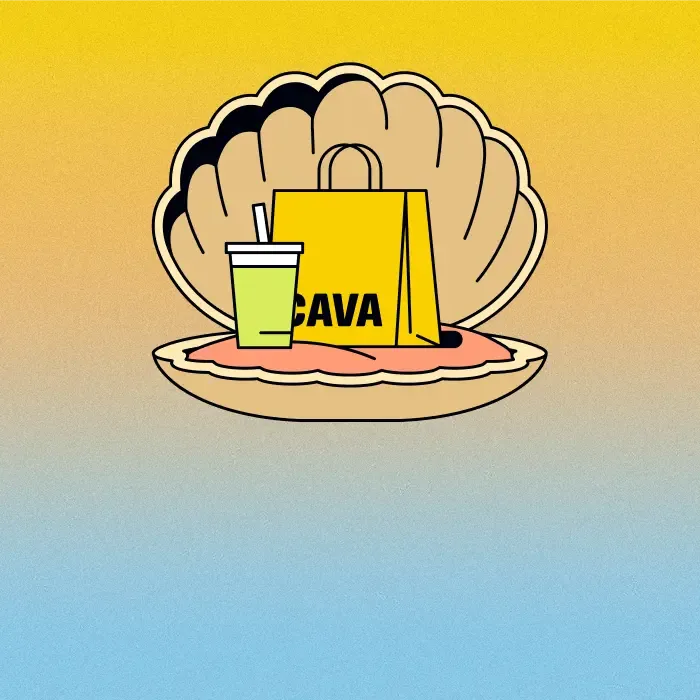 An illustration of a CAVA bag and juice sitting in an open shell 