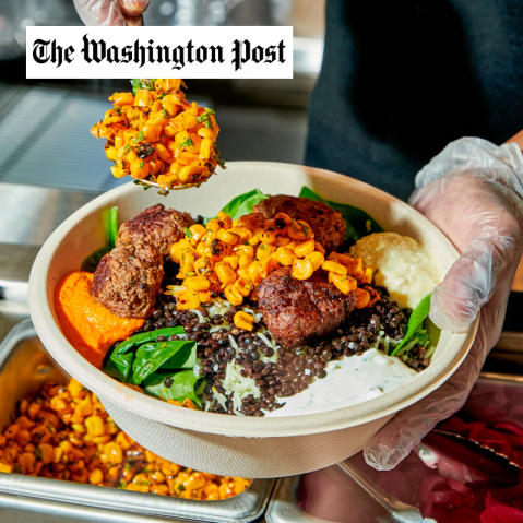 The Washington Post logo on a photo of corn being scooped on a CAVA bowl