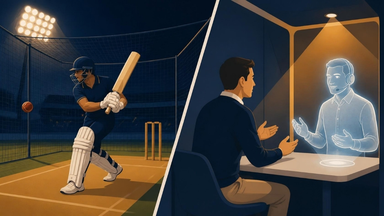 Cricket nets and AI sales negotiation practice illustration