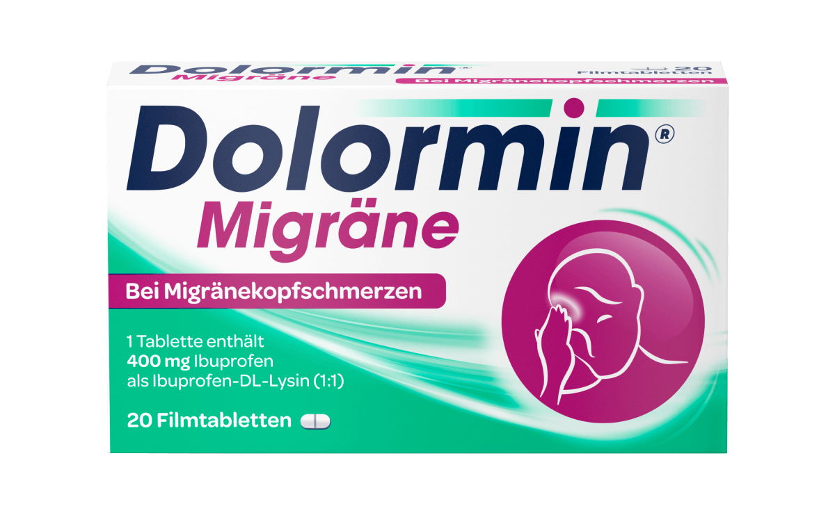 Vorderseite der Dolormin Migräne Verpackung mit 20 Filmtabletten