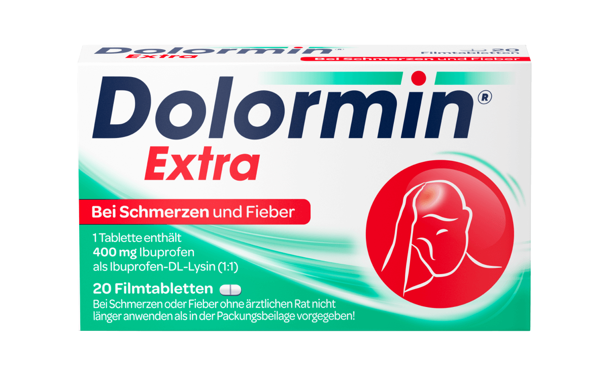 Vorderseite der Dolormin Extra Verpackung mit 20 Filmtabletten