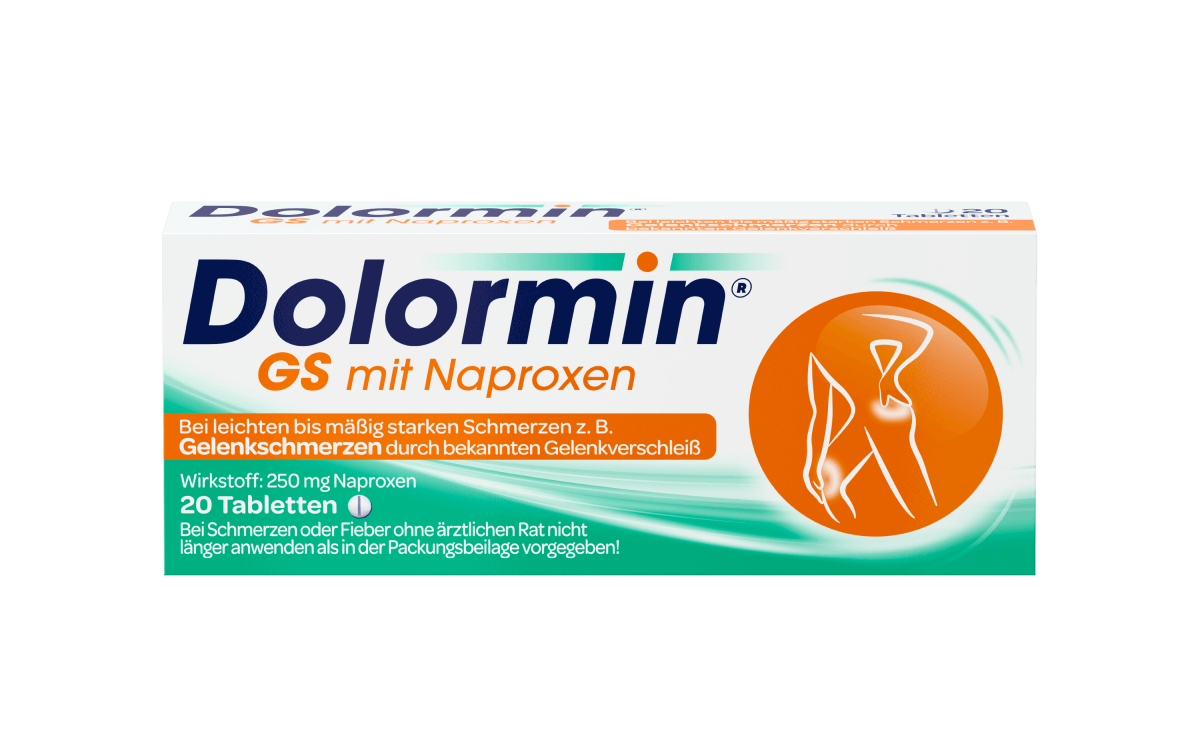 Vorderseite der Verpackung von Dolormin GS mit Naproxen mit 20 Tabletten