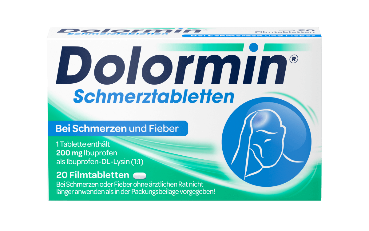 Vorderseite der Dolormin Schmerztabletten Verpackung mit 20 Filmtabletten