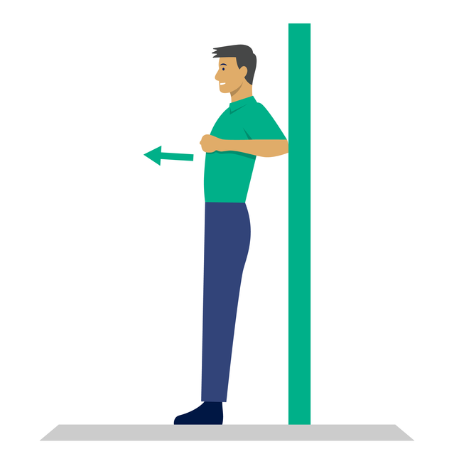 Illustration: Mann steht mit Rücken an der Wand. Arme angewinkelt mit Ellbogen an der Wand. Mit Ellbogen von der Wand wegdrücken.