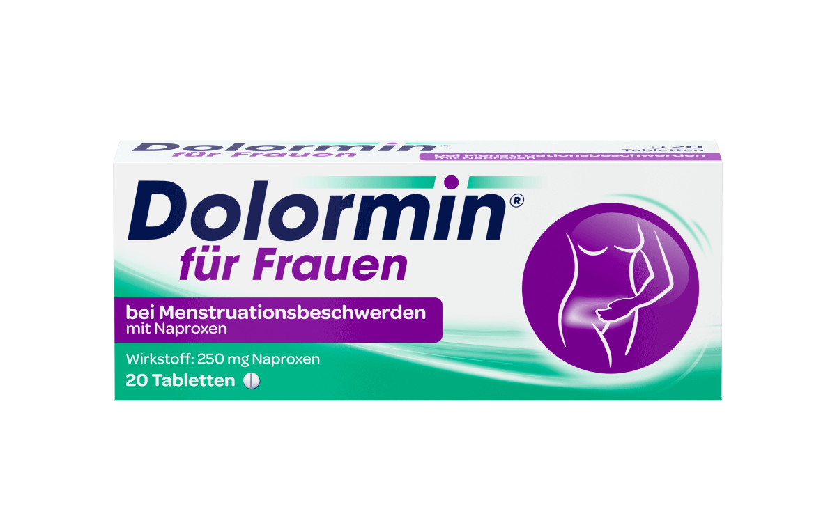 Vorderseite der Verpackung von Dolormin für Frauen mit 20 Tabletten