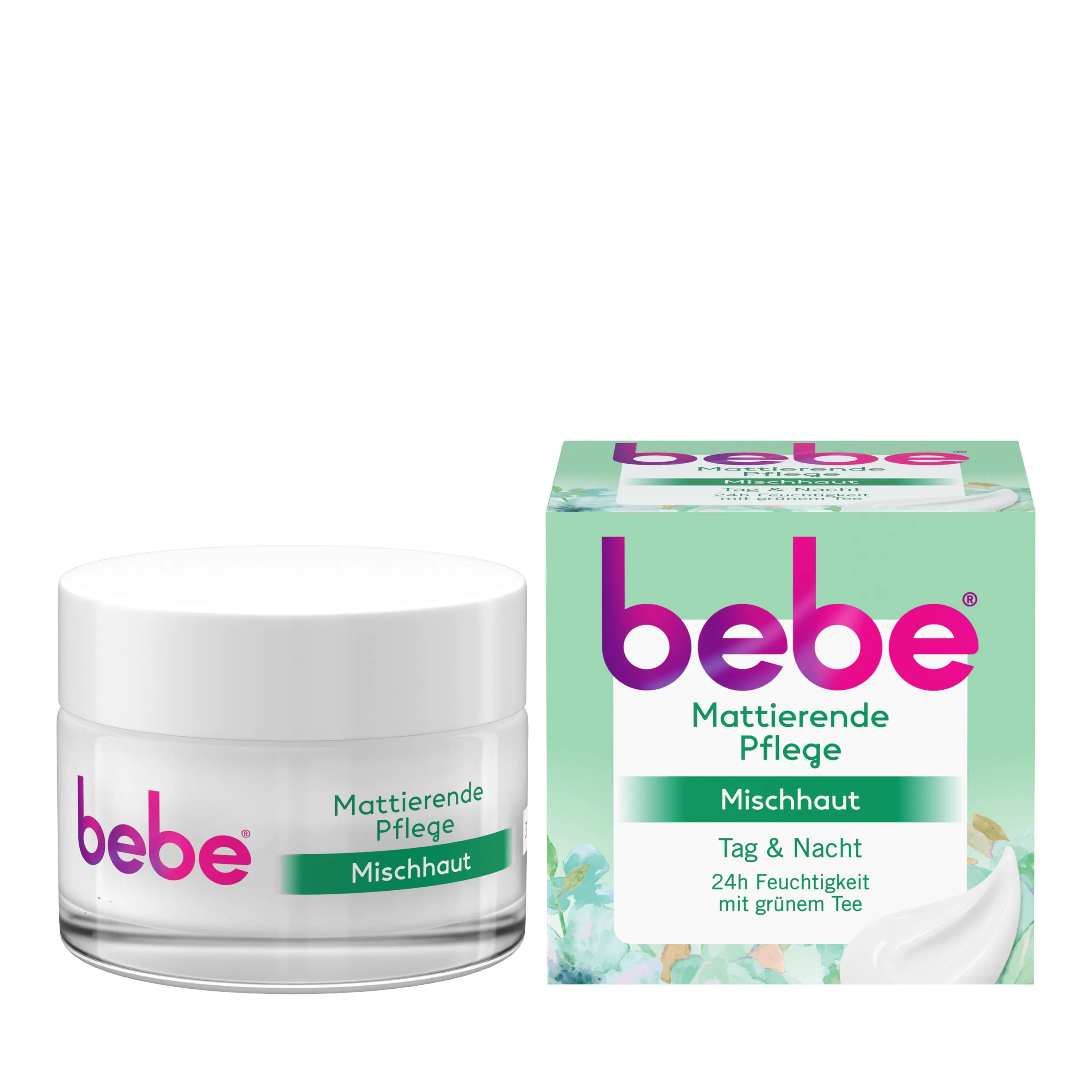 bebe® Mattierende Pflege Tiegel und Packshot Vorderseite