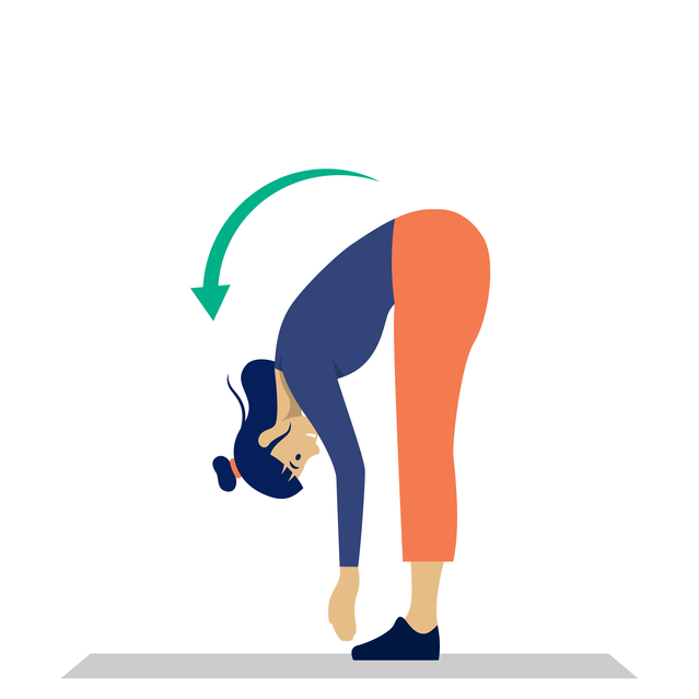 Illustration: Frau steht und beugt sich nach vorne. Hände zu den Füßen. 