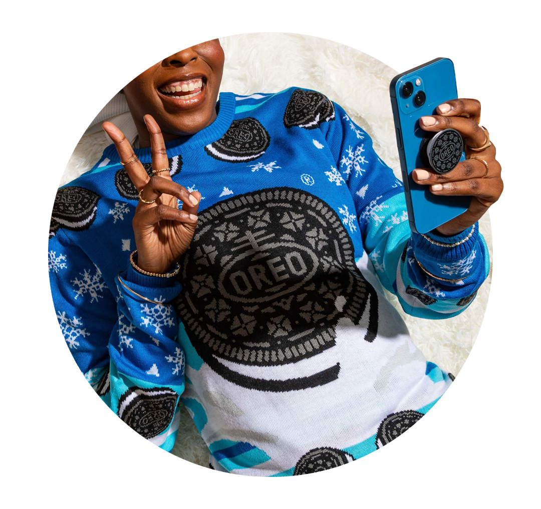 Woman wearing an OREO Cookie sweater