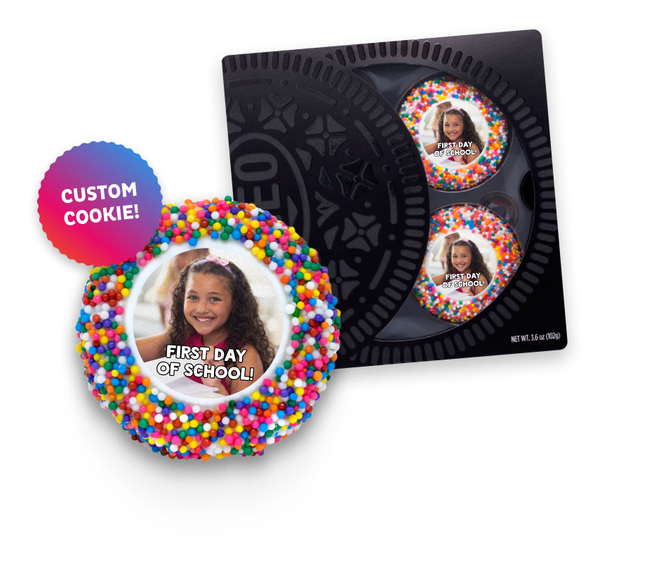 Custom OREOiD cookies with a photo of a little girl on her first day of school.