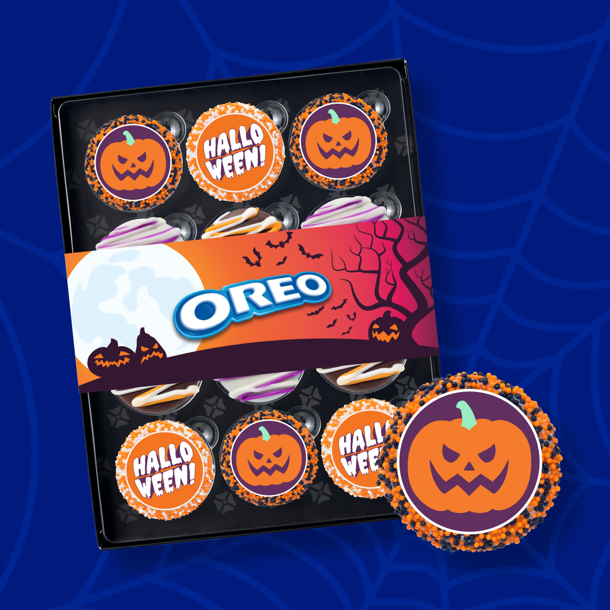 Fudge covered OREO Cookies with Halloween decorations