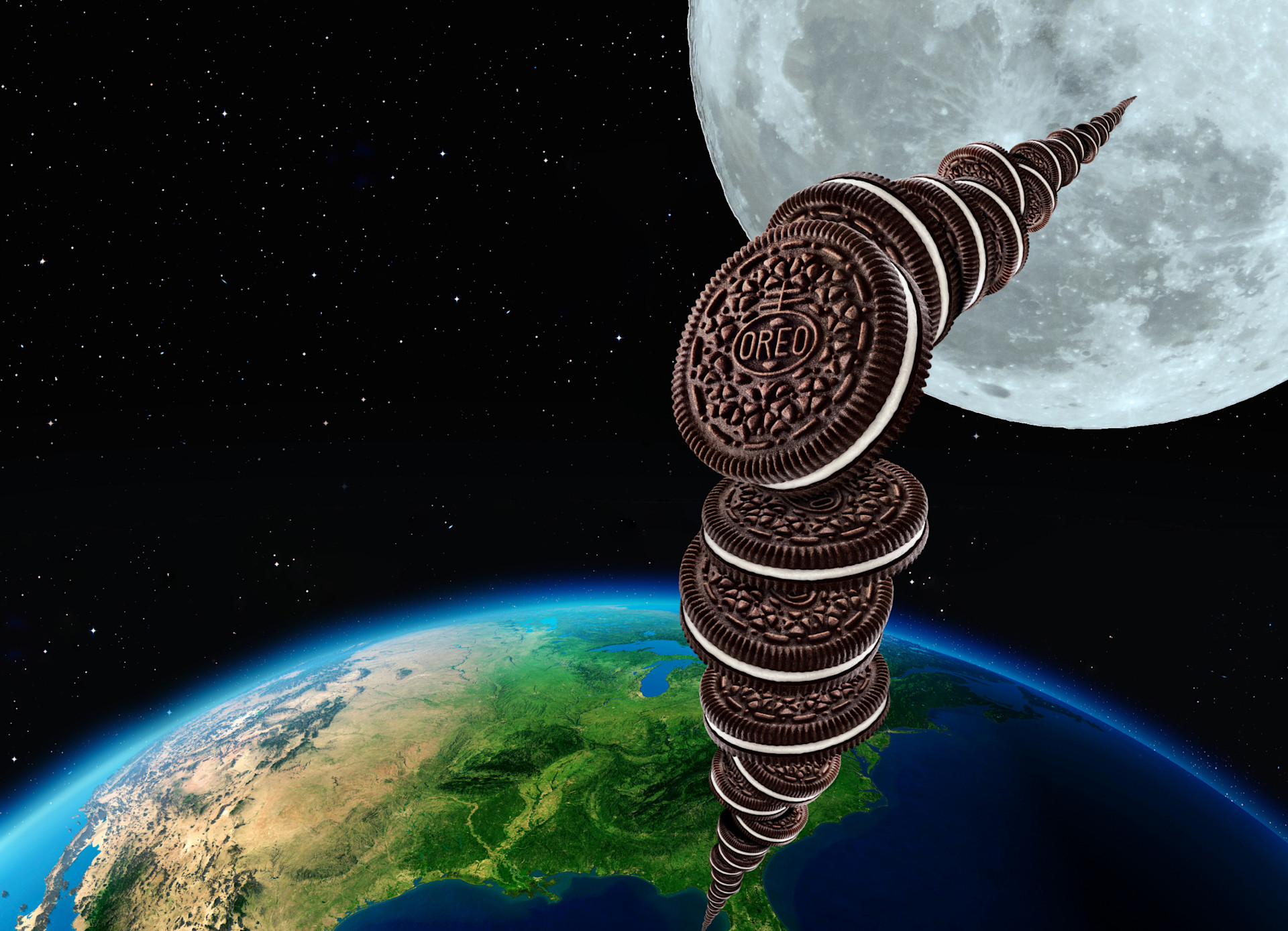 A stack of OREO cookies reaching from the earth to the moon