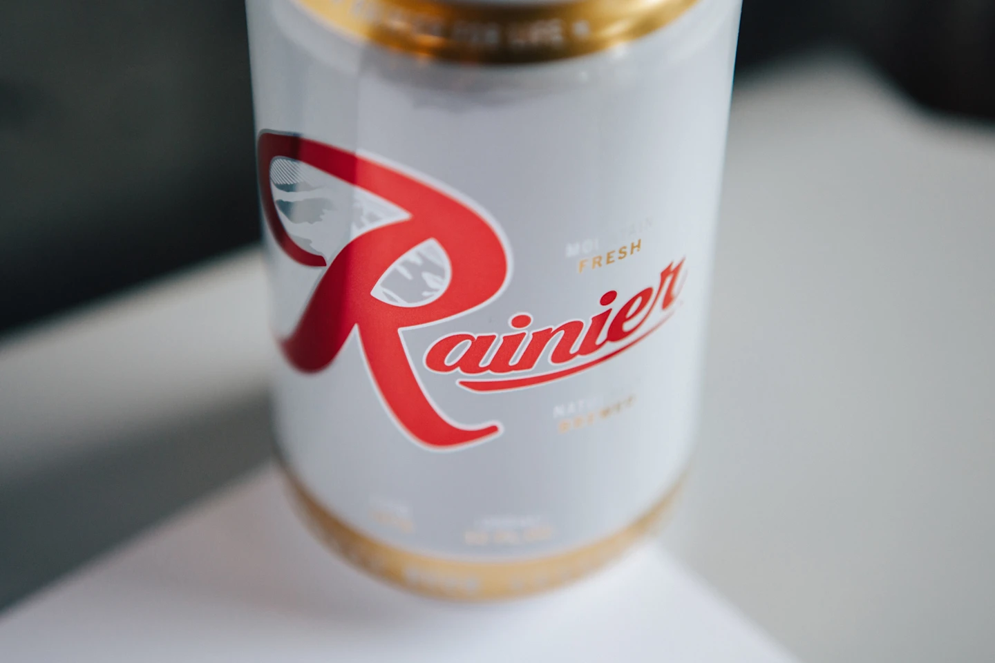Rainier beer can closeup