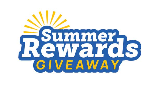Summer Rewards Giveaway text with stylized sun rays above bold blue and white lettering