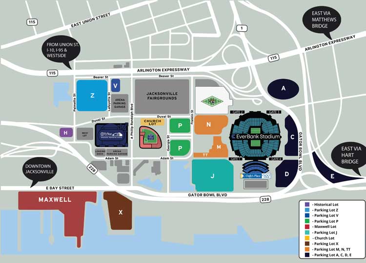A color‑coded parking map of the VyStar Ballpark and EverBank Stadium area in downtown Jacksonville. The map shows major roads including Arlington Expressway, Gator Bowl Boulevard, Bay Street, Adams Street, Beaver Street, and A. Philip Randolph Boulevard. Nearby landmarks include EverBank Stadium to the east, VyStar Ballpark to the southwest, the Jacksonville Fairgrounds, and the Maxwell House building along the river. Multiple parking areas are labeled by letter, including Parking Lots P, N, J, X, M, T, and H, as well as a Church Lot and Arena Parking Garage. Bridges shown include the Hart Bridge and Matthews Bridge. A legend identifies historical lots and parking zones.