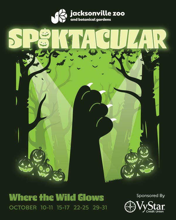 Jacksonville Zoo and Botanical Gardens Spooktacular Halloween event in a glowing green forest with a monster claw silhouette and carved pumpkins. Dates: October 10-11, 15-17, 22-25, and 29-31. Sponsored by VyStar Credit Union.