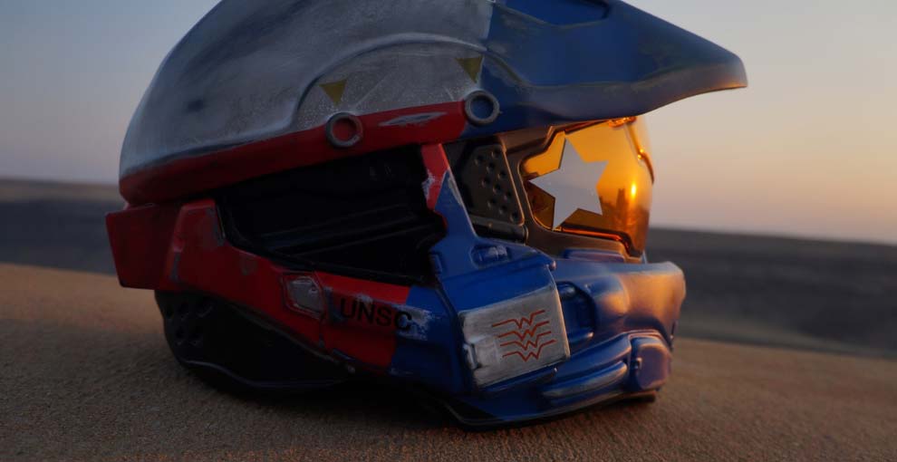 Custom built helmet with reflection of sunset in the visor