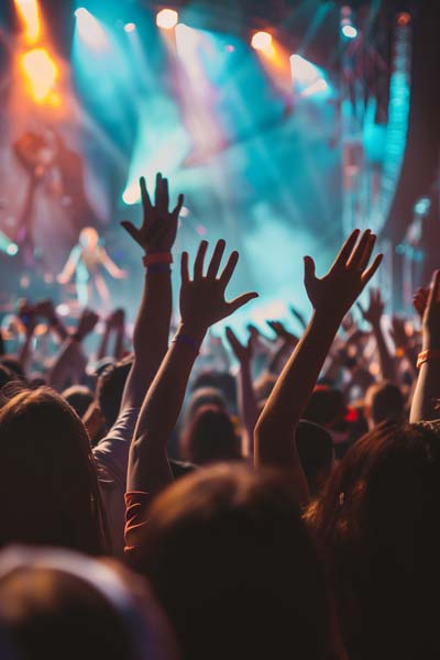 Silhouettes of a crowd of people attending an outdoor concert with colorful lighting