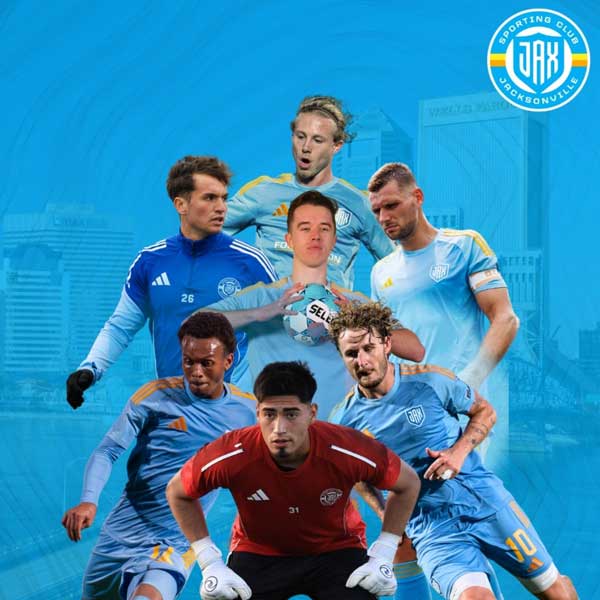 Soccer players in light blue and red uniforms arranged in a stylized collage over a blue Jacksonville skyline with a JAX Sporting Club logo.