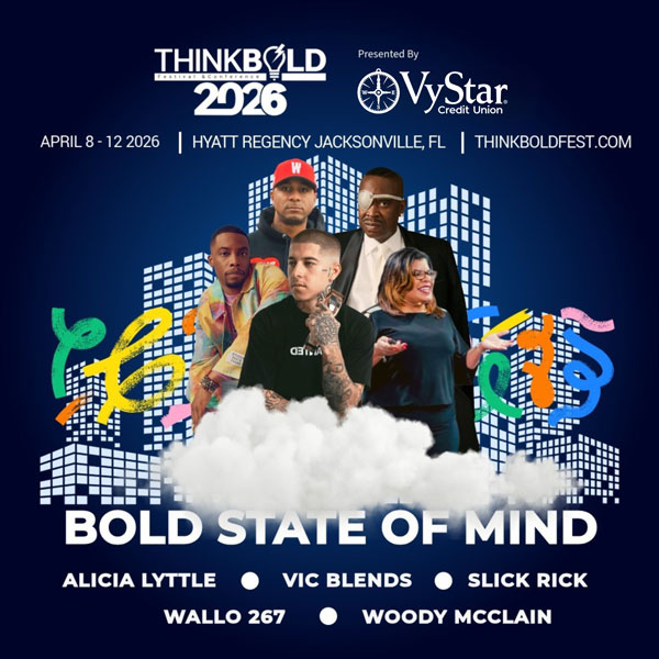 Promotional graphic for ThinkBold 2026 featuring a group of people standing in front of illustrated city buildings with colorful abstract designs. Text includes event details for April 8–12, 2026, at the Hyatt Regency Jacksonville and the tagline “Bold State of Mind,” along with featured speaker names.
