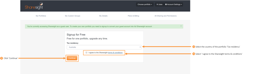 Upgrade to a Sharesight account from a guest account step 3, 4 & 5