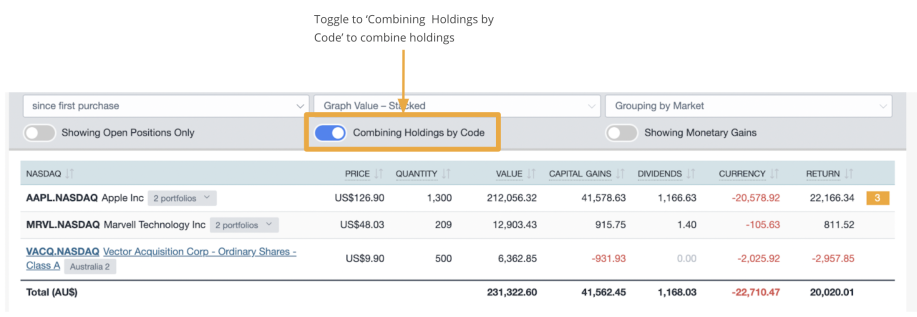 Combine holdings by code