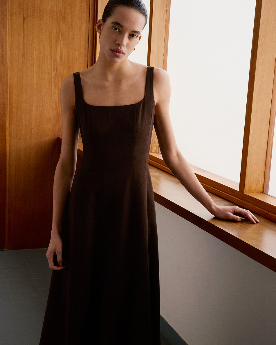 Me+em Contour-seamed Woven Maxi Dress - Cocoa Brown