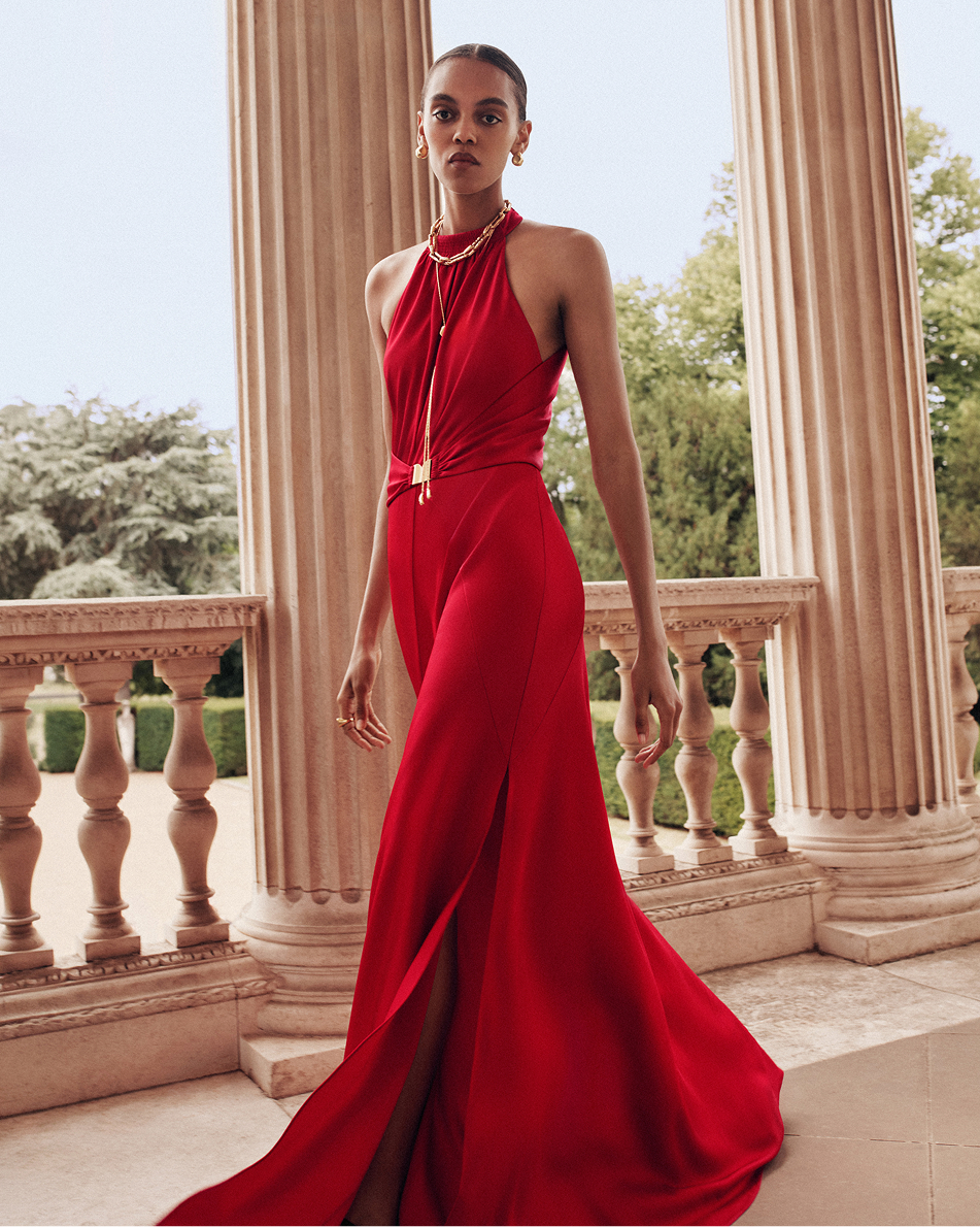 Women's Scarlet Red Draped Belted Full-Length Dress