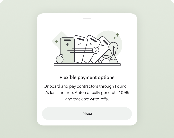 A modal card titled “Flexible payment options,” showing stylized documents and payment icons above text about onboarding and paying contractors, generating 1099s, and tracking tax write-offs, with a “Close” button.