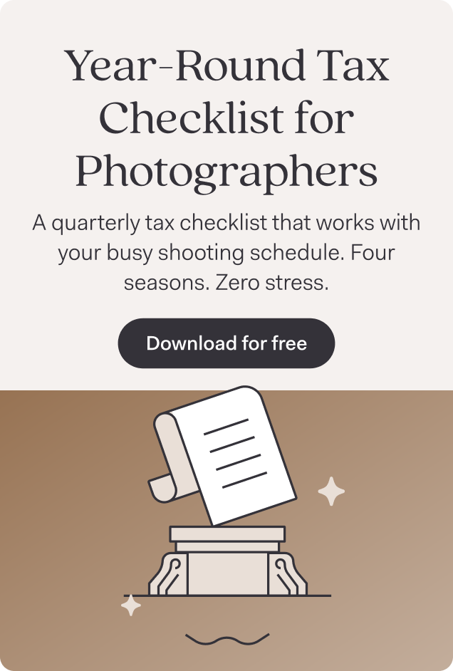 Year-Round Tax Checklist for Photographers promotional graphic with headline text and subheading that reads 'A quarterly tax checklist that works with your busy shooting schedule. Four seasons. Zero stress.' Features a dark 'Download for free' button and an illustration of a classical column or pedestal with a document or checklist floating above it, set against a beige and brown color scheme with decorative sparkle elements.
