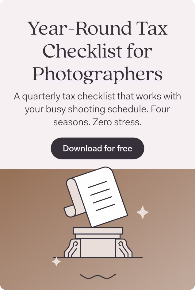 Year-Round Tax Checklist for Photographers promotional graphic with headline text and subheading that reads 'A quarterly tax checklist that works with your busy shooting schedule. Four seasons. Zero stress.' Features a dark 'Download for free' button and an illustration of a classical column or pedestal with a document or checklist floating above it, set against a beige and brown color scheme with decorative sparkle elements.